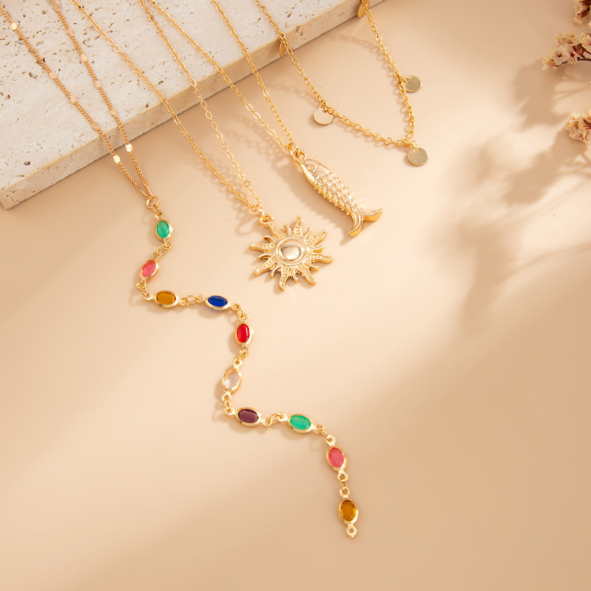 Coastal Fish, Crystal & Sun Layered Necklace