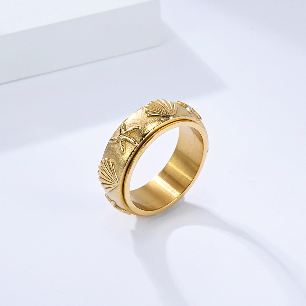 Planderful Rotating Ring Ocean Wind Sea Shell Starfish Titanium Steel Anxiety Relief Unisex