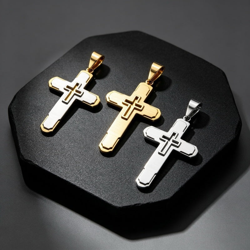 Hip-Hop Rock Multi-Level Design Cross Pendant Retro Brushed Stainless Steel Men's Pendant Necklace