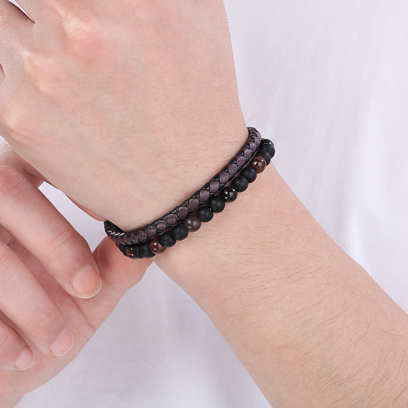 Planderful Men's Leather Bracelet Handwoven Tiger's Eye