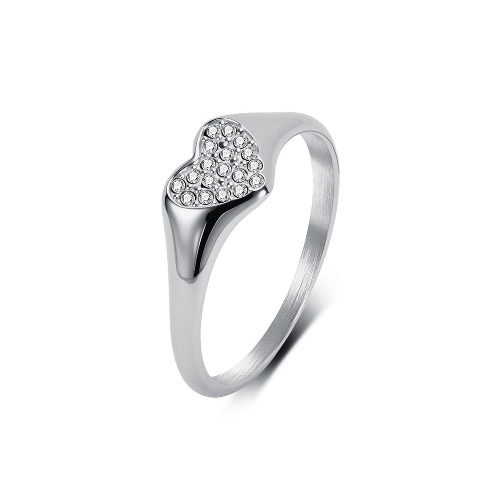 Stainless Steel Full Zircon Heart-Shaped Ring Women's Love