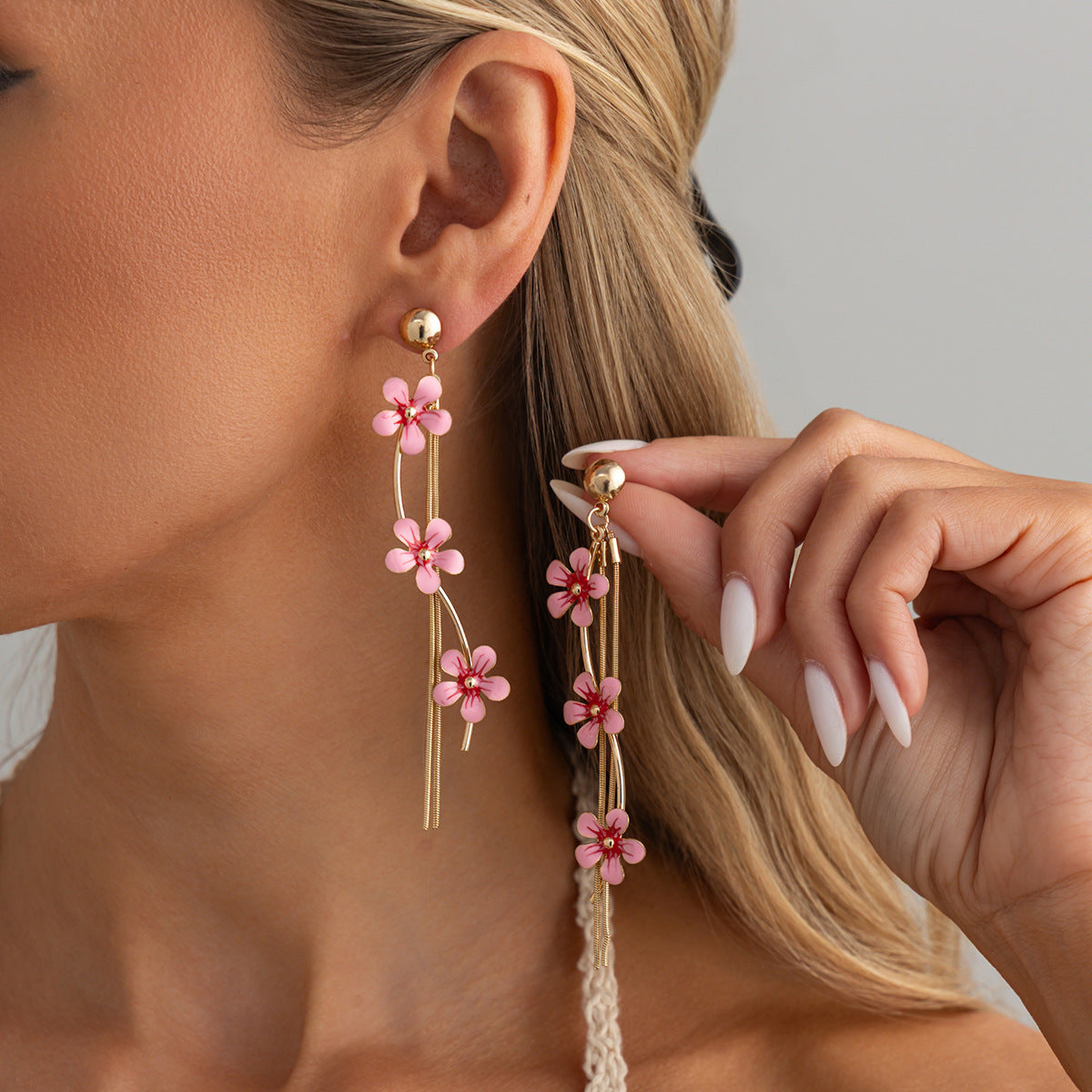 Planderful Vienna Verve Fringed Oil Flower Earrings For Women With Long Snake Bone Chain Statement Jewelry