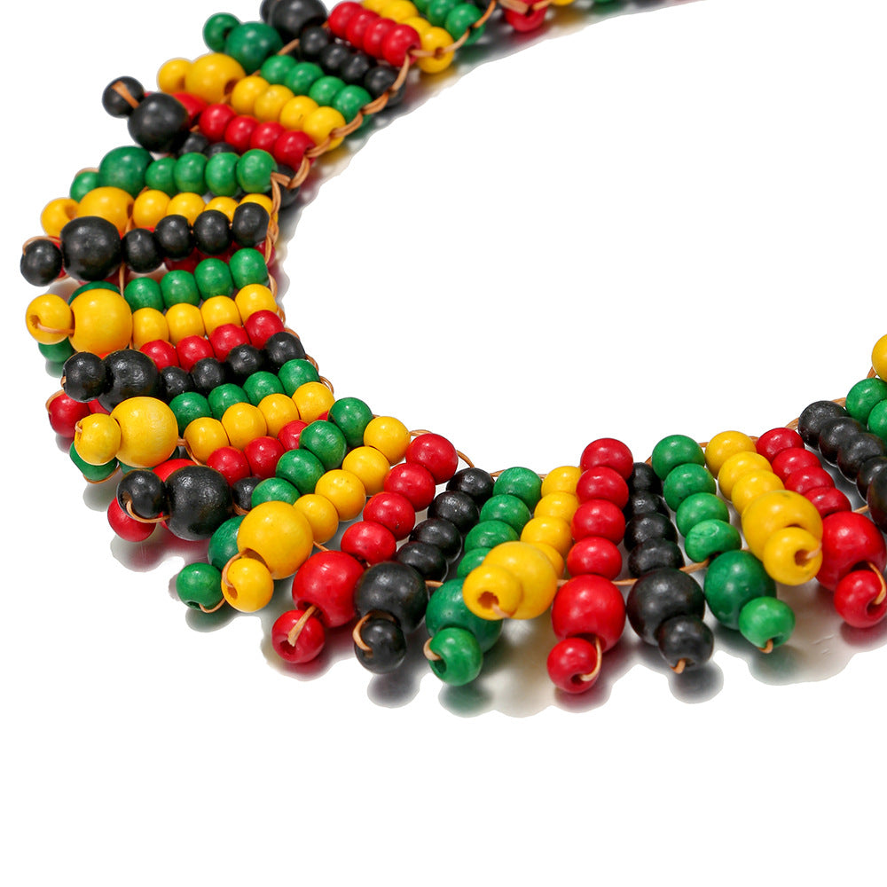 Handcrafted Multi-layer Wooden Bead Necklace with African-inspired Woven Design