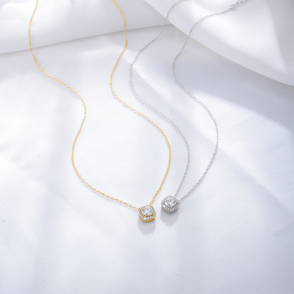 Korean Version S925 Sterling Silver Geometric Square Zircon Necklace Small