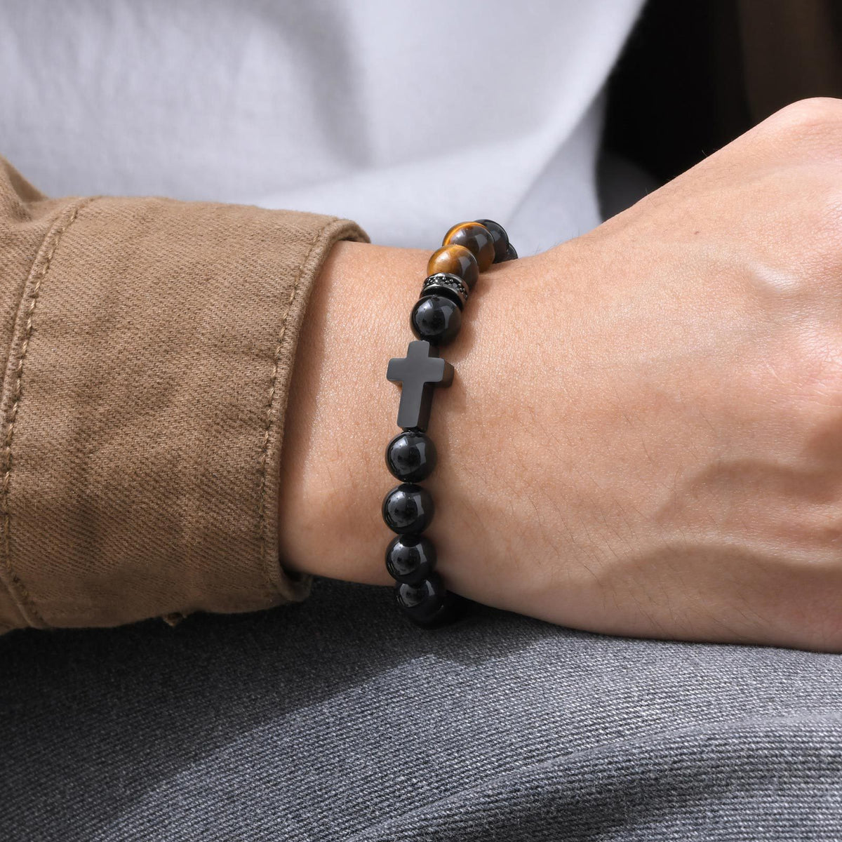 Men's Black Stainless Steel Cross Natural Glossy Agate Tiger's Eye Beaded Bracelet