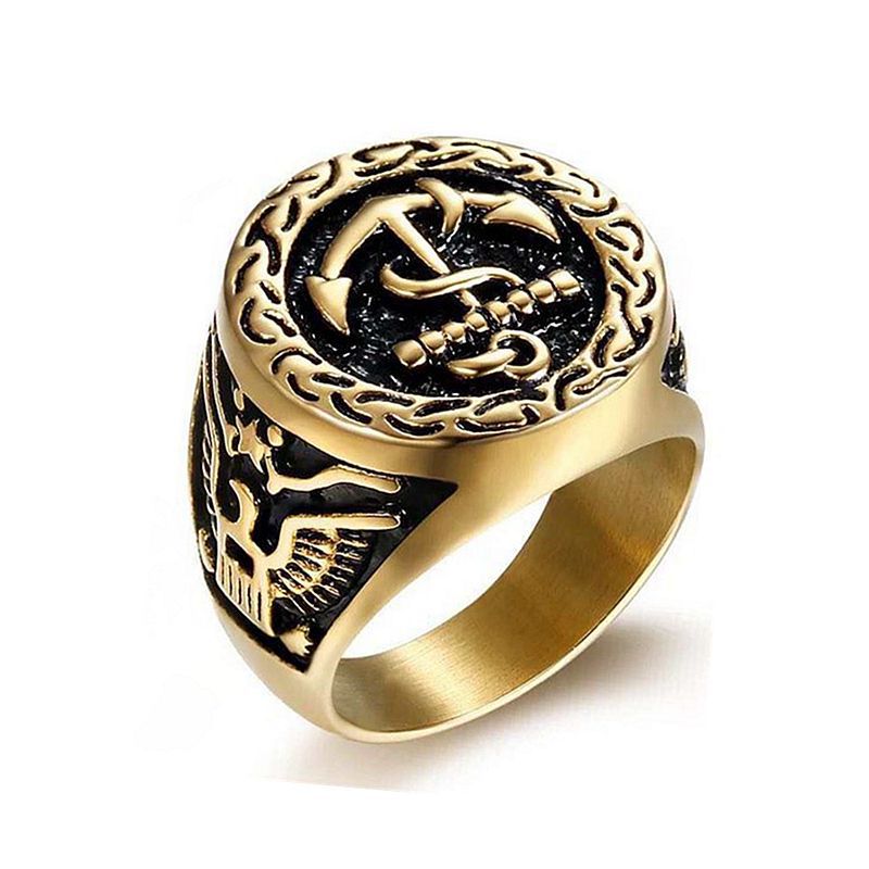 Planderful Everyday Genie Hip Hop Ring For Men Titanium Steel Bold Gold Plated Eagle Anchor