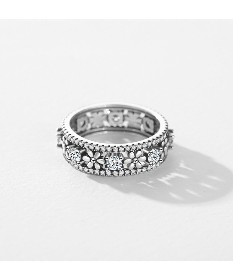 Exquisite Sterling Silver Daisy Ring with Zircon Inlay for Women