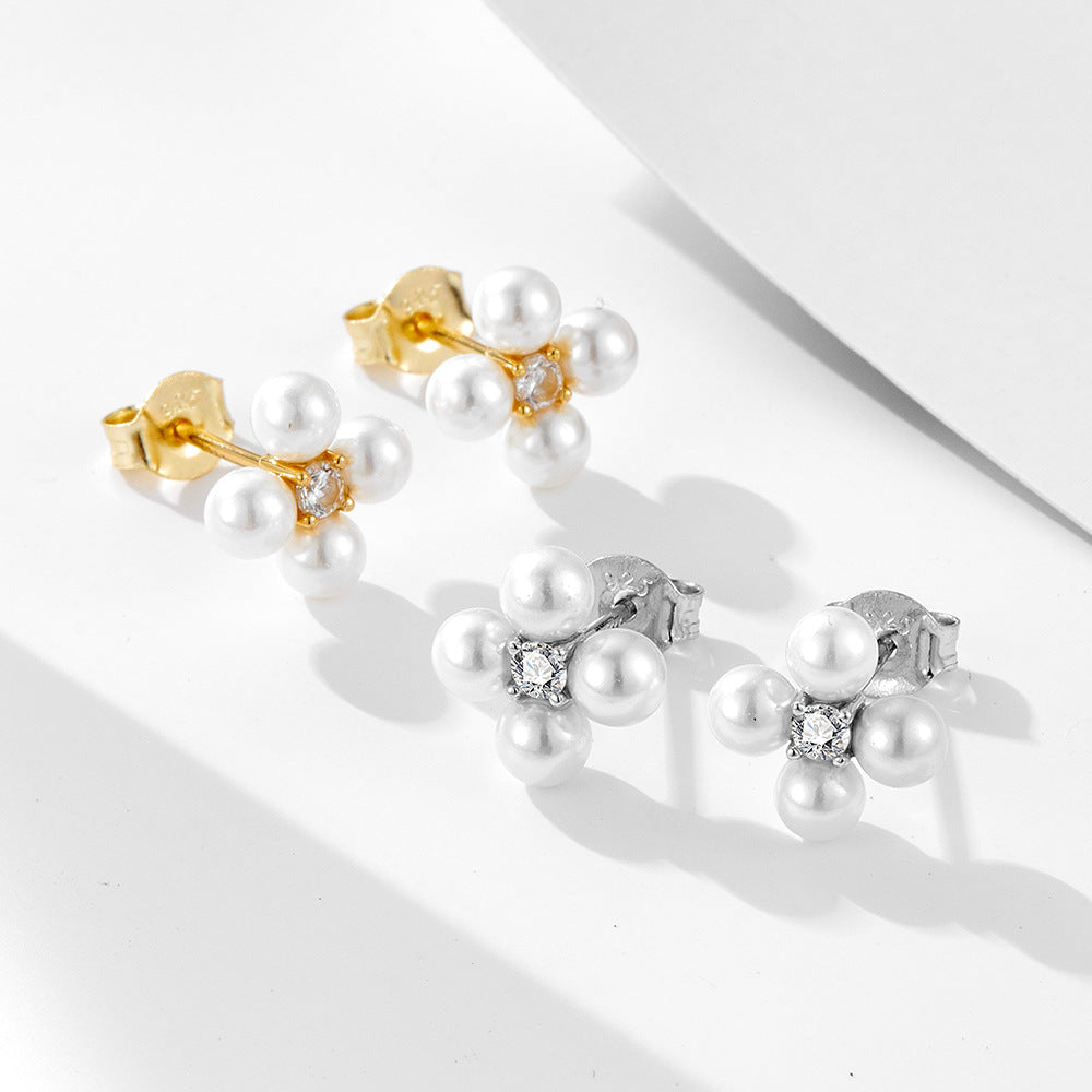 S925 Sterling Silver Zircon Pearl Earrings Korean Bead Zircon Four-Leaf Combination Stud Earrings