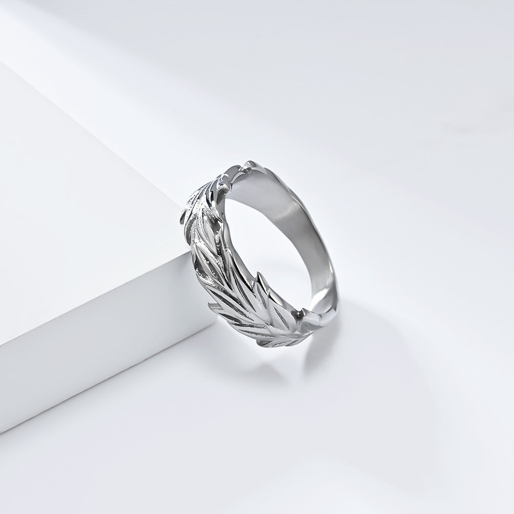 Retro Neutral Hemp Leaf Stainless Steel Ring for Men