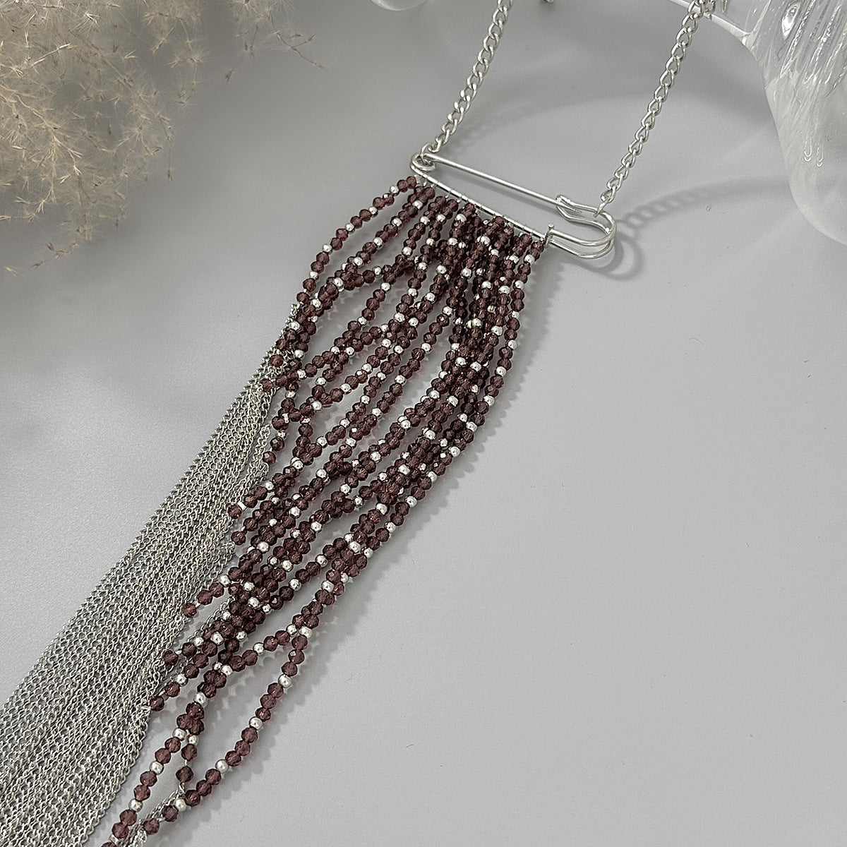 Tie-Shaped Bead Fringe Necklace & Pin