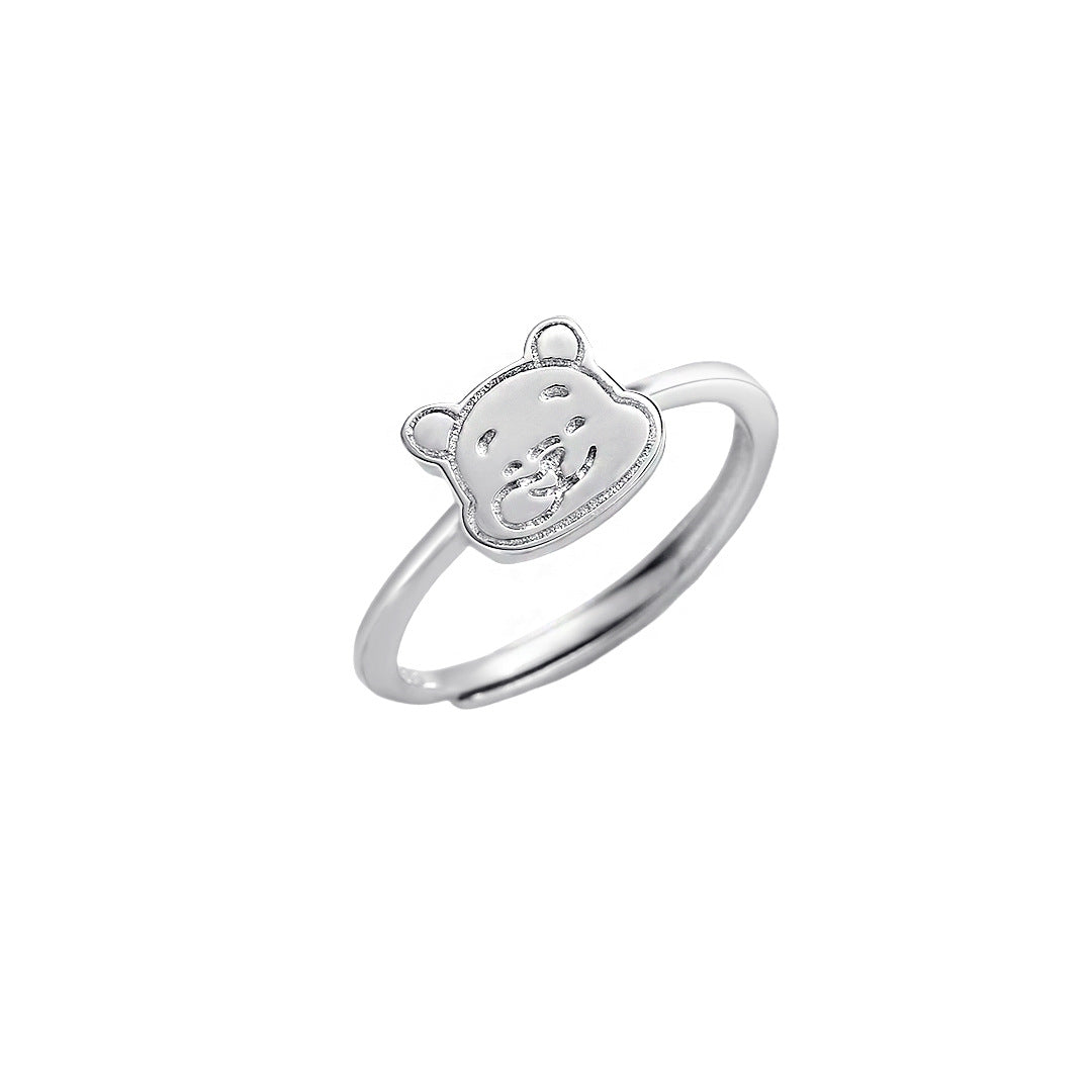 Planderful Little Bear S925 Sterling Silver Ring For Women Open Adjustable Cute Cartoon Design