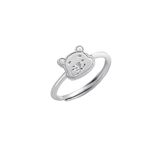 Planderful Little Bear S925 Sterling Silver Ring For Women Open Adjustable Cute Cartoon Design