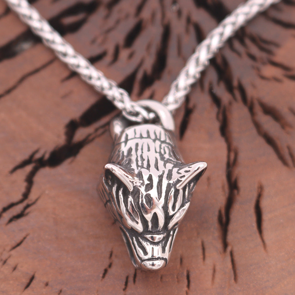 Nordic Wolf Head Stainless Steel Necklace - Men's Titanium Flower Chain