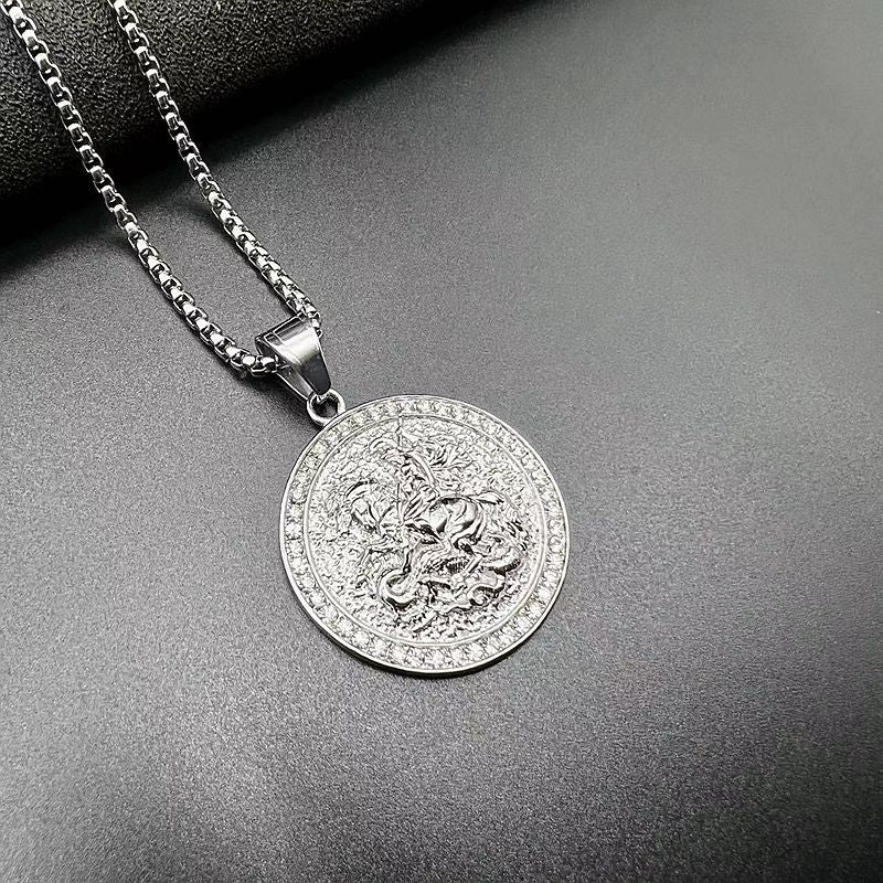 Planderful Everyday Genie Hip Hop Necklace For Men Titanium Steel Gold Plated Zircon St George Dragon Pendant