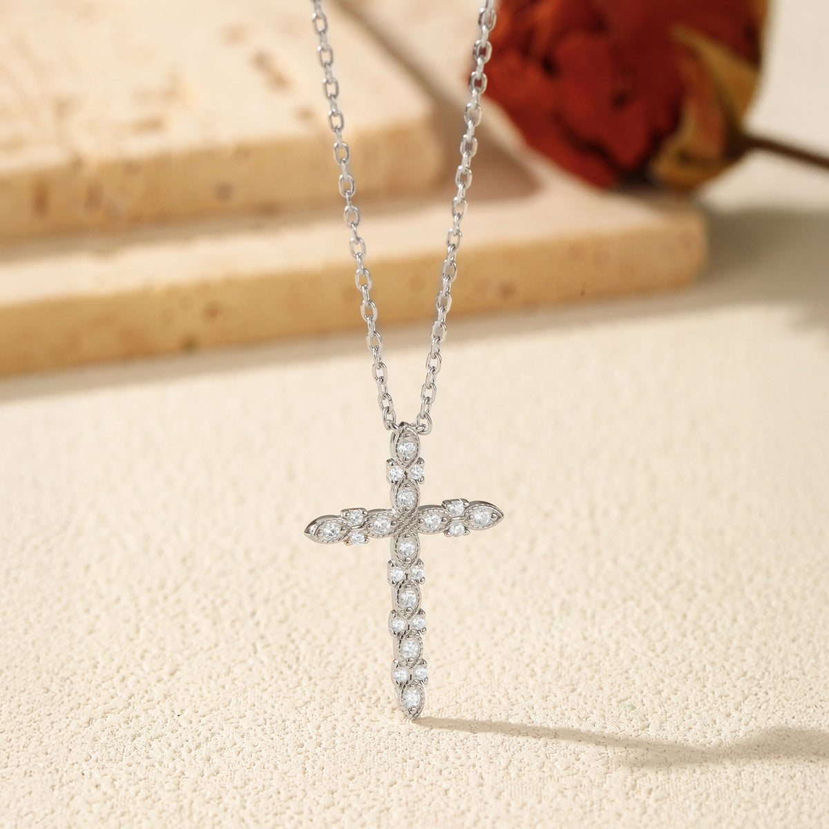 925 Sterling Silver Cross Moissanite Pendant Necklace