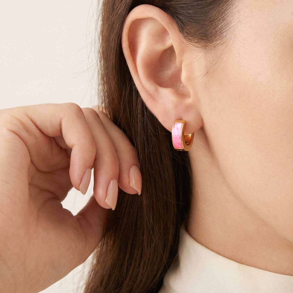 Gold-Tone Pearlescent Enamel Huggie Earrings