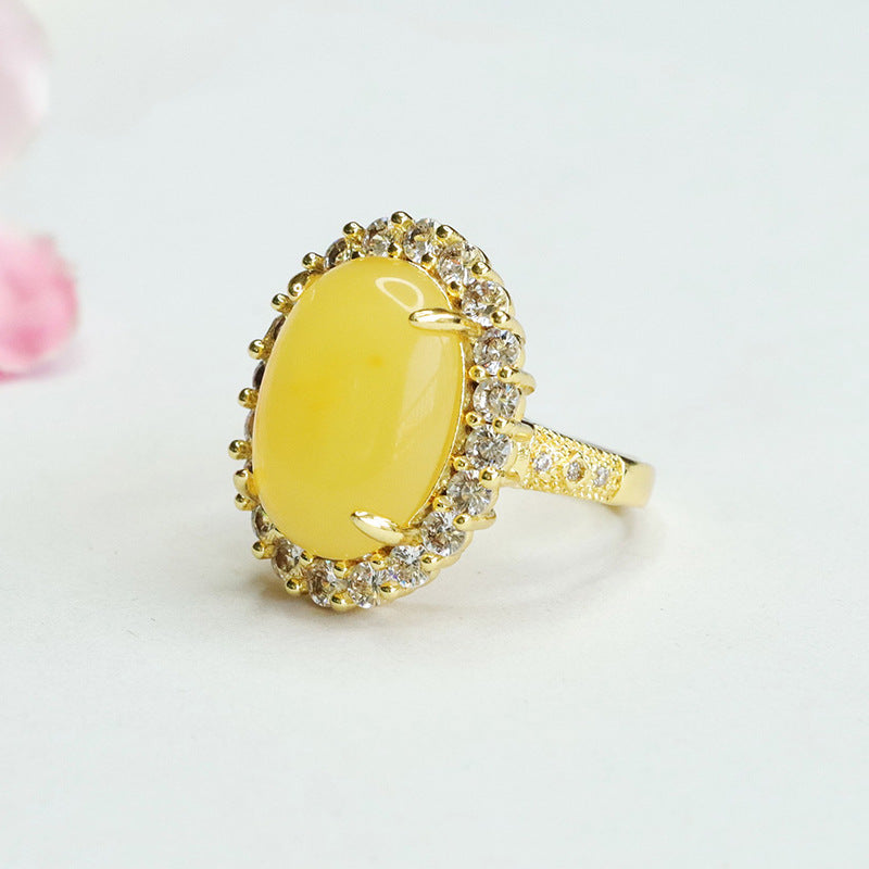 Honey Amber Halo Ring with Sterling Silver Butterfly Detail