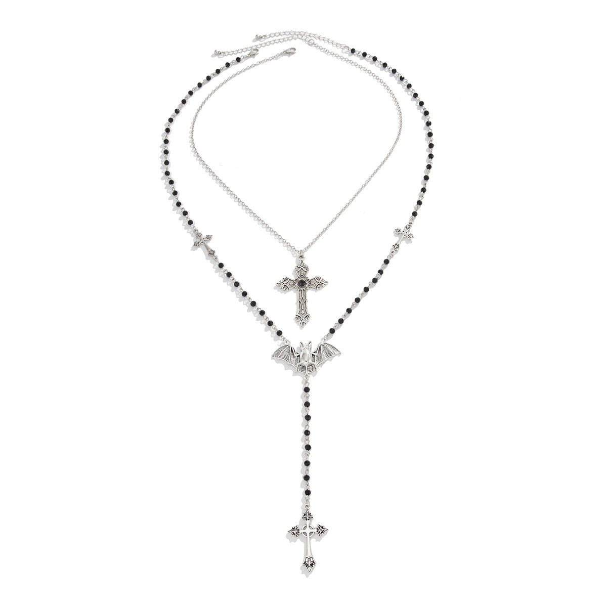 Gothic Bat Cross Crystal-Style Long Necklace