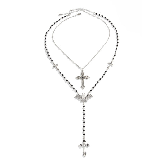 Gothic Bat Cross Crystal-Style Long Necklace