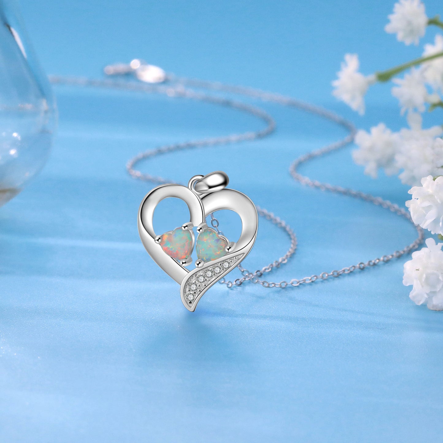Double Heart Shape Opal Zircon Love Sterling Silver Necklace