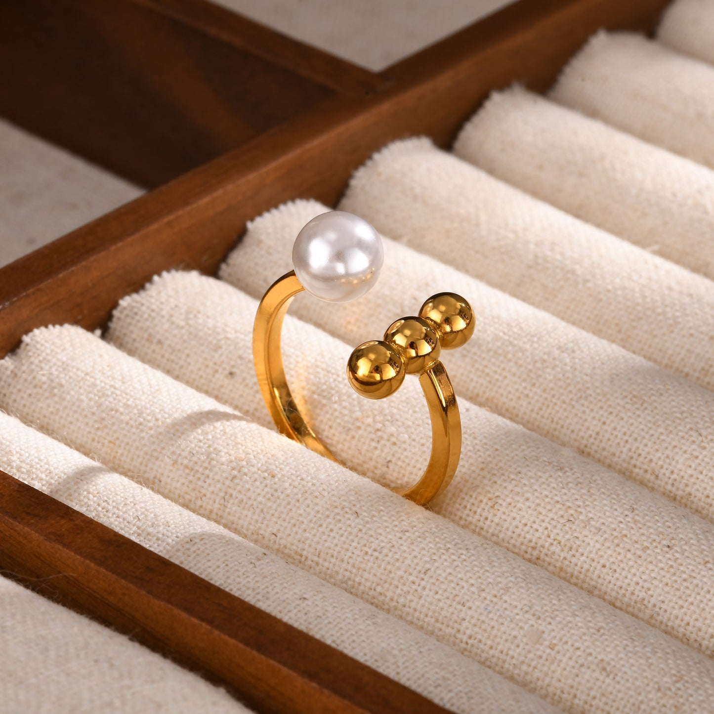 Jewelry Stainless Steel 3 Steel Balls Imitation Pearl Ring