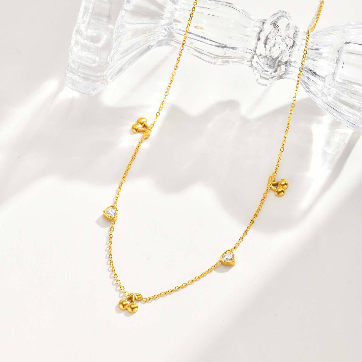 Stainless Steel Heart-Shaped White Zircon Cherry Heart-Shaped White Zircon Bow Necklace