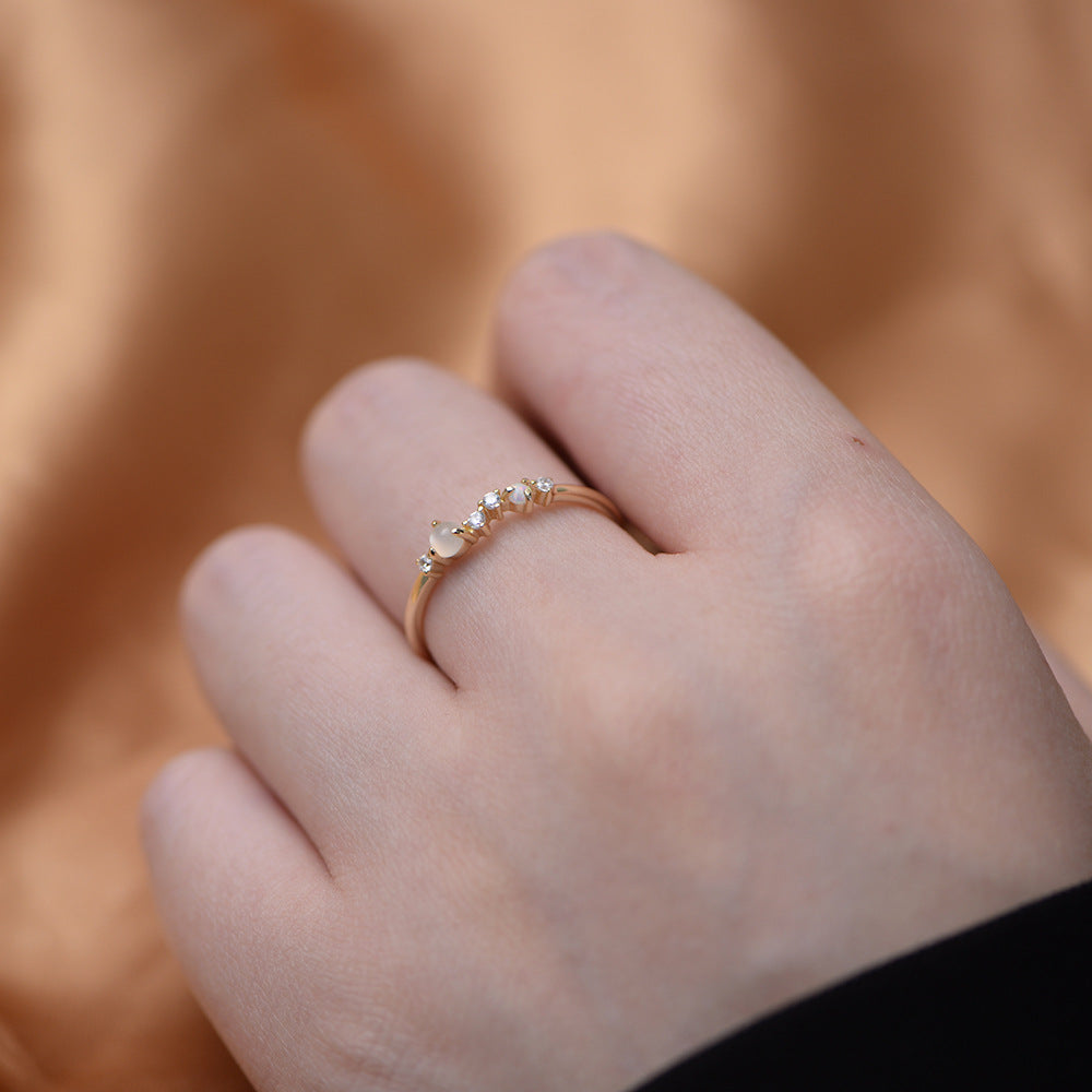 Row of Opal Moonstone and Zircon Slim Sterling Silver Ring