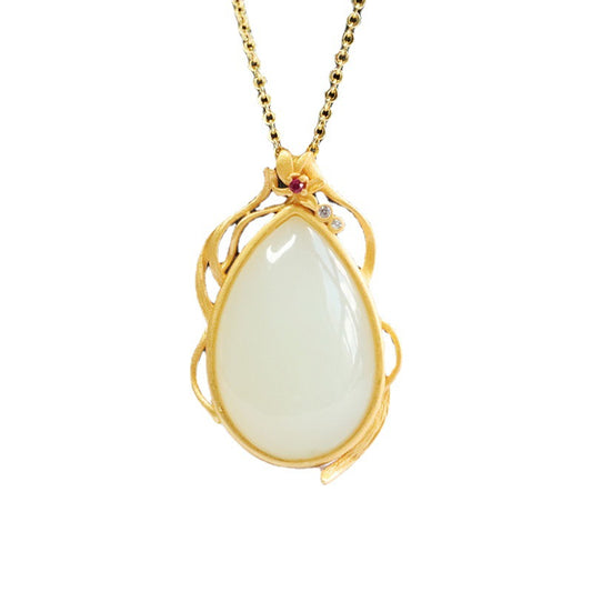 White Jade Drop Necklace with Sterling Silver Lace Detail