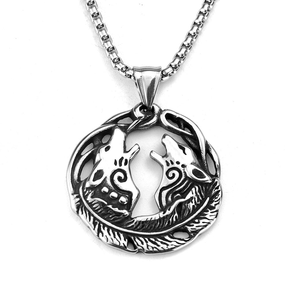 Retro Stainless Steel Men's Pendant Double Wolf Head Necklace