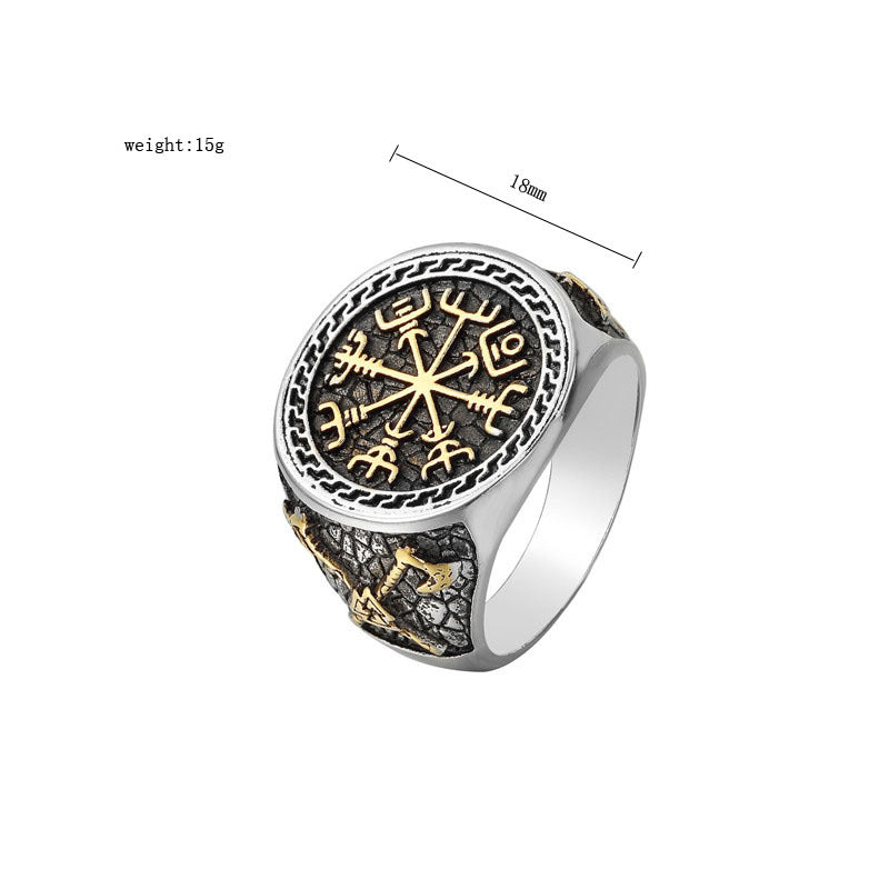 Planderful Nordic Viking Axe Totem Compass Ring Unisex Personalized Protection Retro Titanium Steel Jewelry