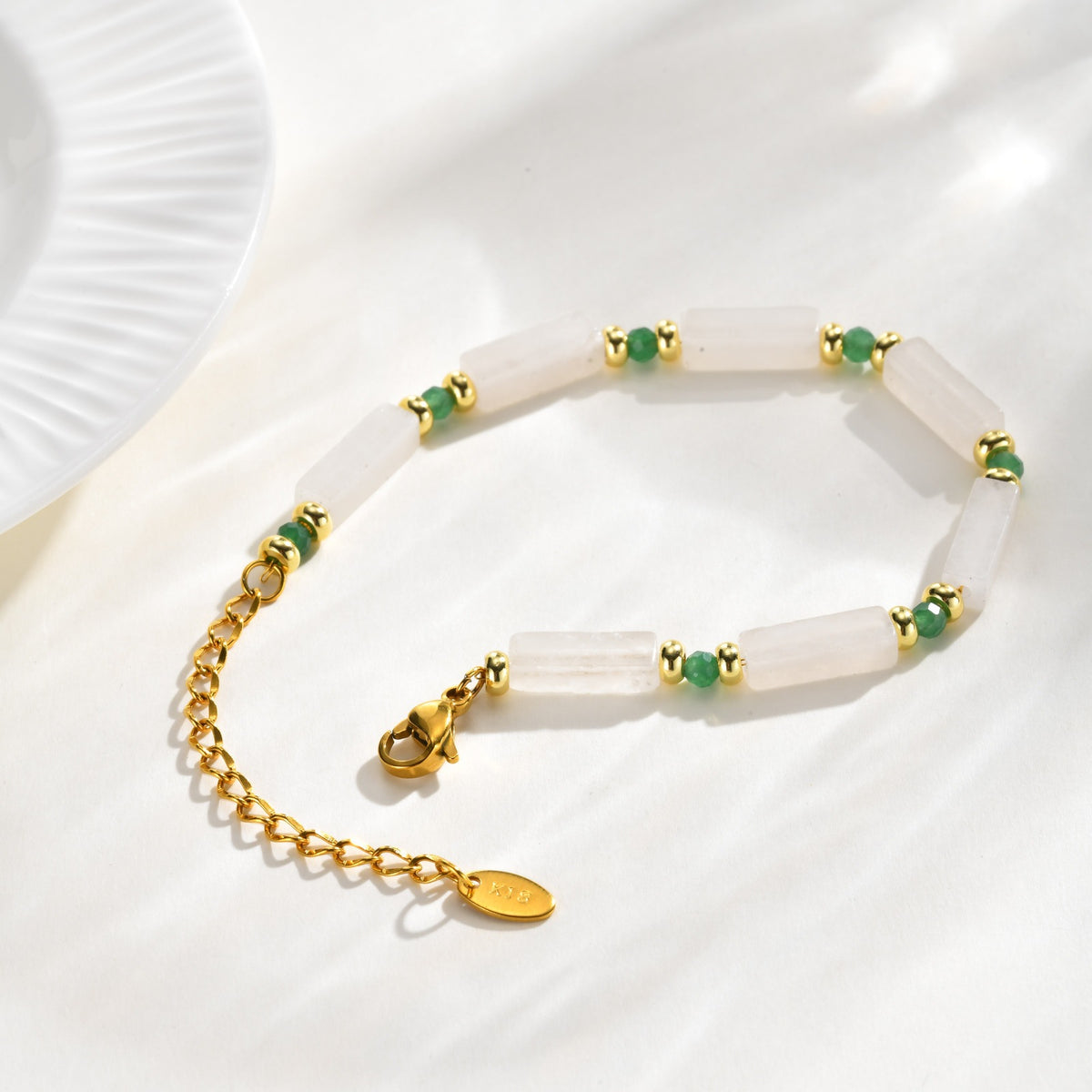 White Jade Bead Stainless Steel Bracelet