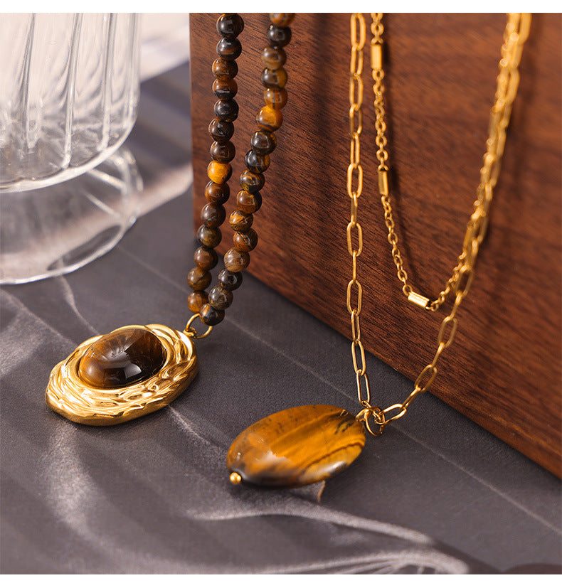 Tiger Eye Stone Geometric Bead Necklace in Gold-Plated Titanium Steel