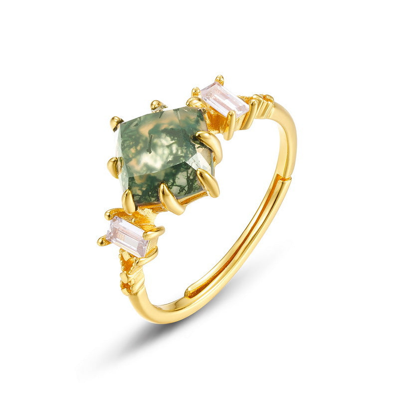 S925 Sterling Silver Moss Agate Geometric Minimalist Ring