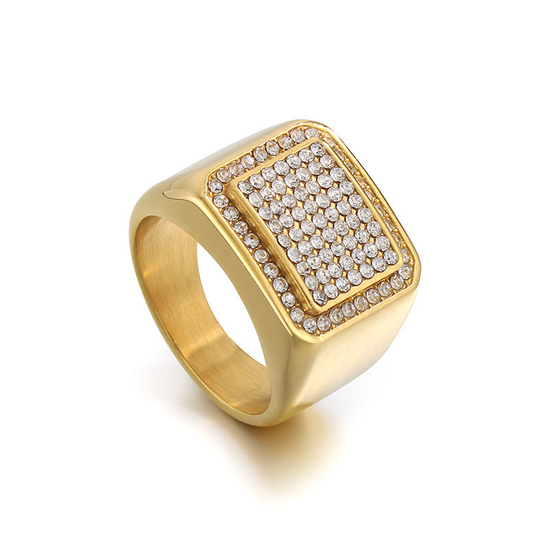 Hip-Hop Square Ring, Luxury Vacuum Plating Full Of Zircon Titanium Steel Men's Ring