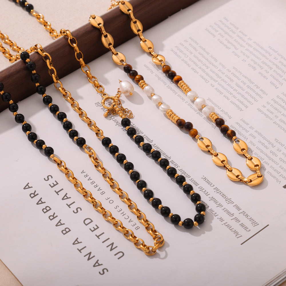 Luxurious Handmade Tiger's Eye and Pearl Beaded Necklace with Palace Style Titanium Steel Gold-Plating