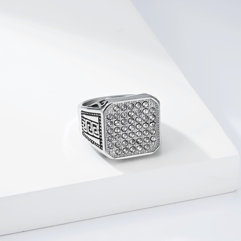 Great Wall Pattern Pavé Zircon Seal Stainless Steel Ring Men's Gold-Plated Index