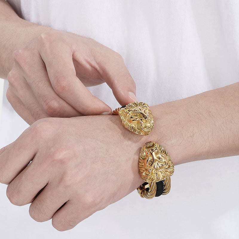 Planderful Mens Skull Wolf Head Steel Leather Bracelet