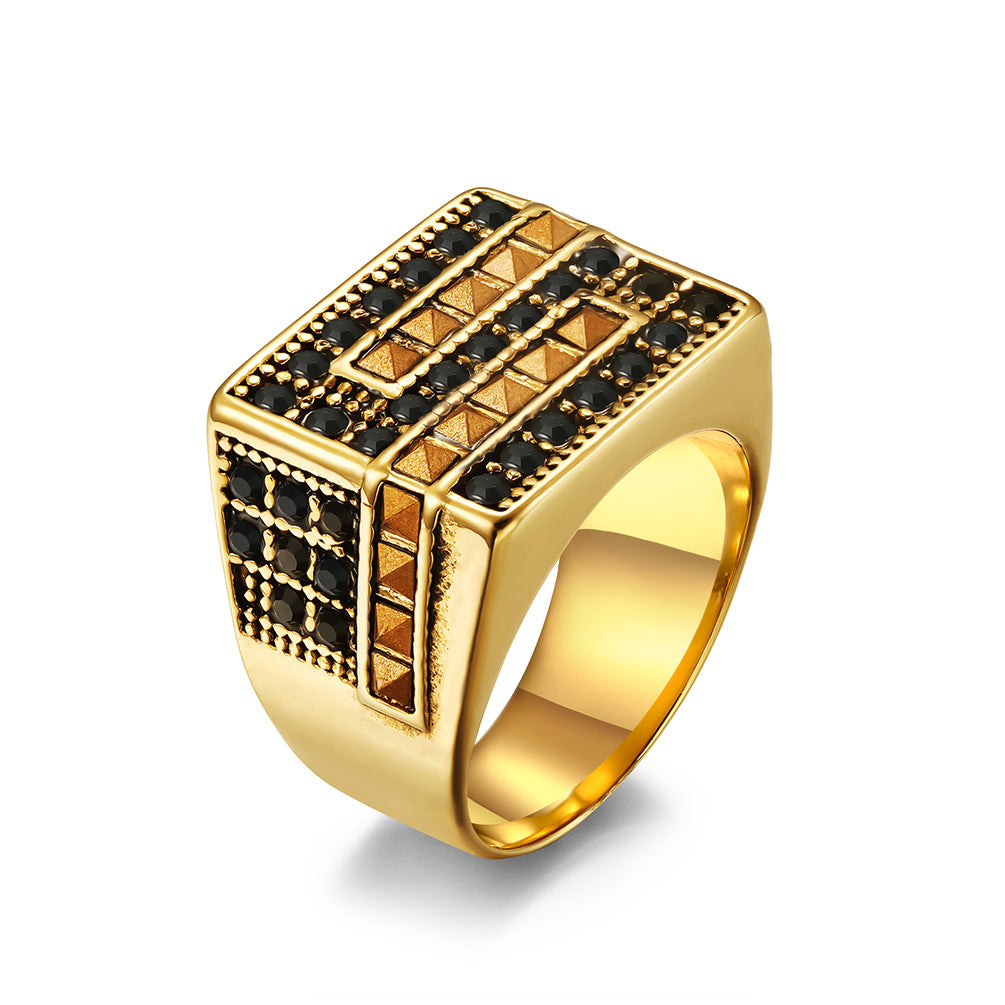Export Zircon- Men's Stainless Steel Ring – Plated With 18k Gold