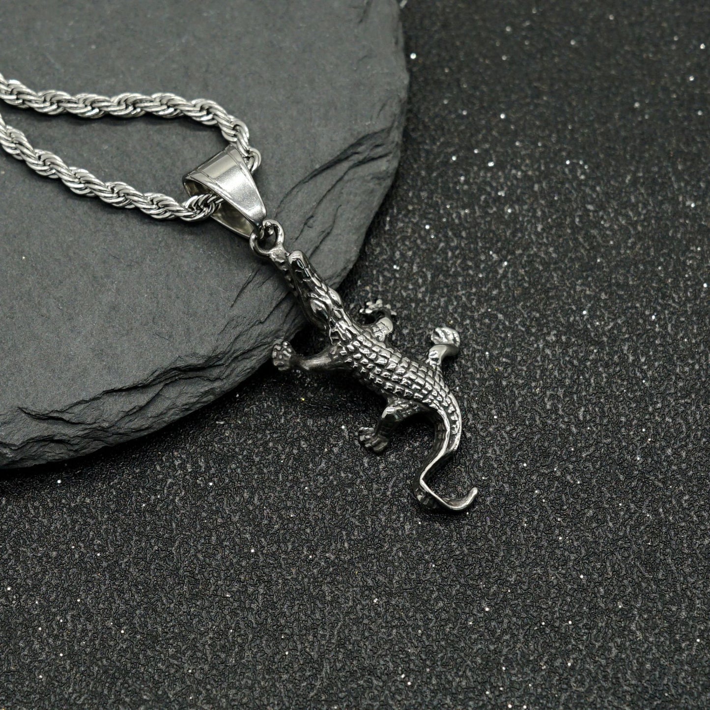 Steel Necklace Statement Punk Crocodile Pendant