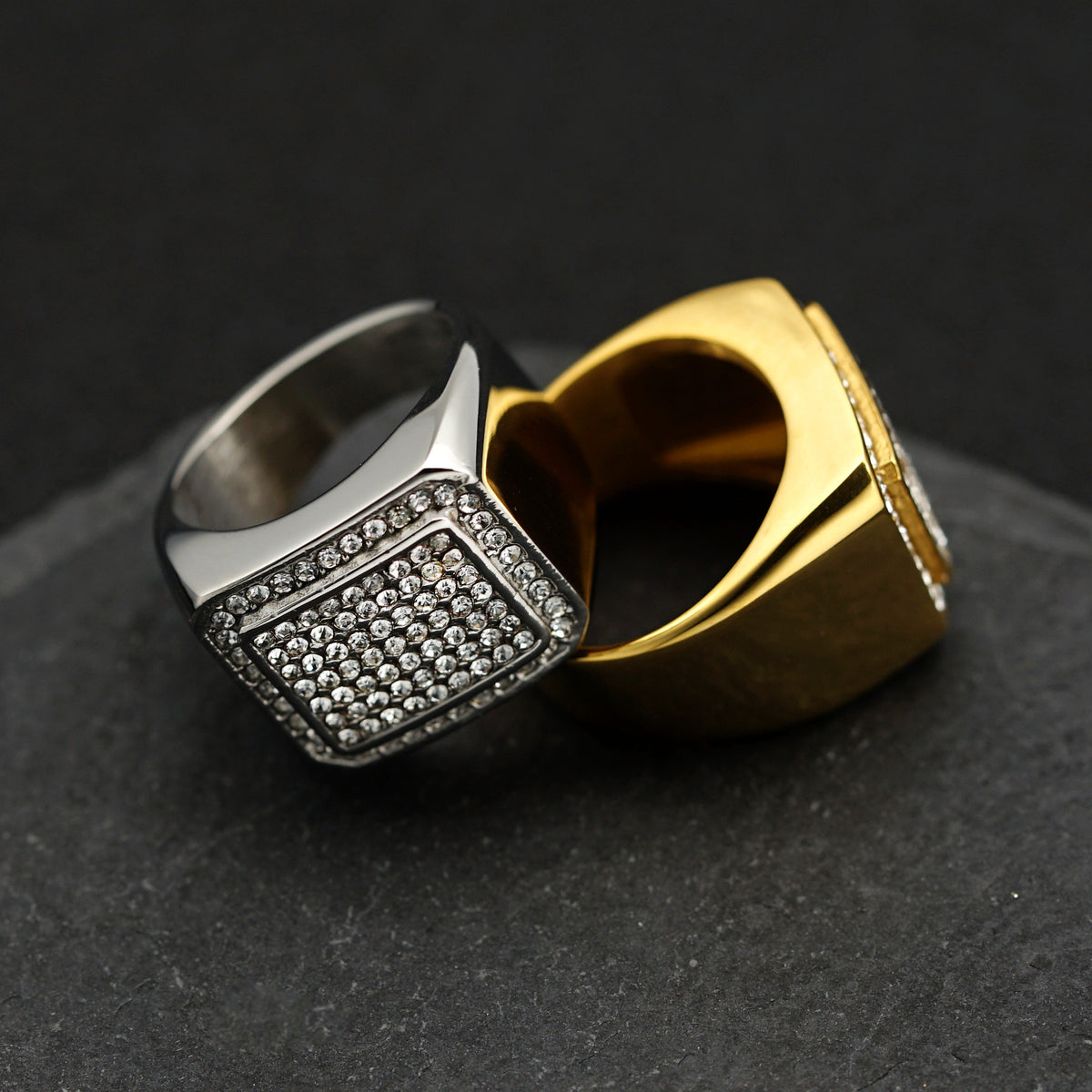 Planderful Stainless Steel Zircon Ring Unisex Square Bold Statement For Hip Hop Fashion Size 7 to 13