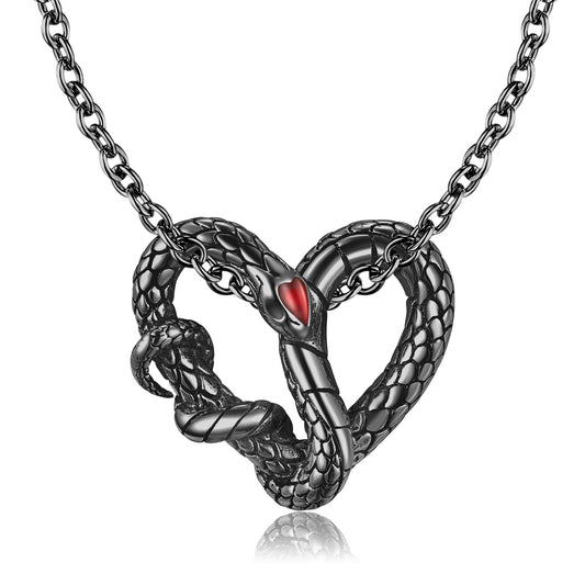 Black Snake Heart Shape Pendant Silver Necklace