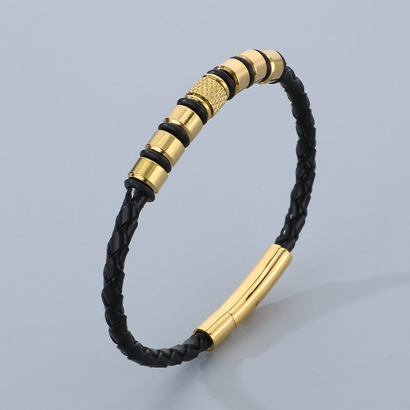Business Style Men's Leather Rope Bracelet – Stainless Steel Bead Layered Woven Leather