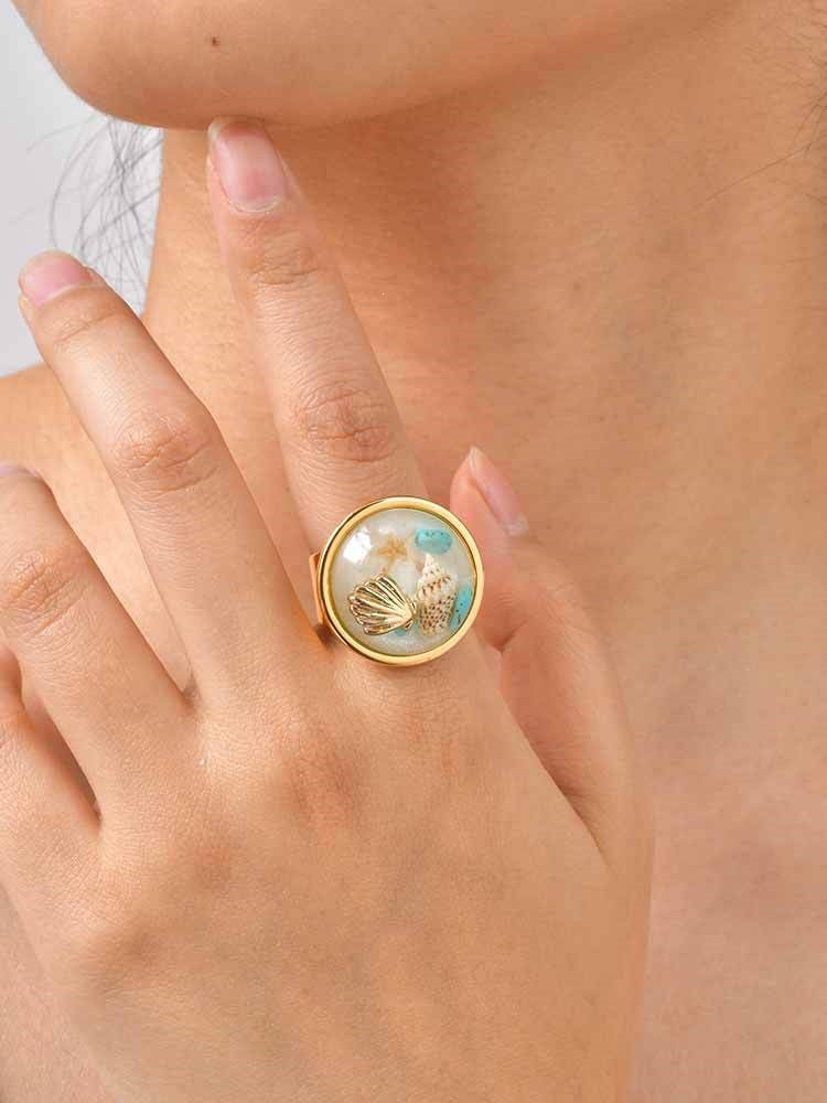 French Stainless Steel Resin Ocean Turquoise Starfish Pearl Opening Women's Ring