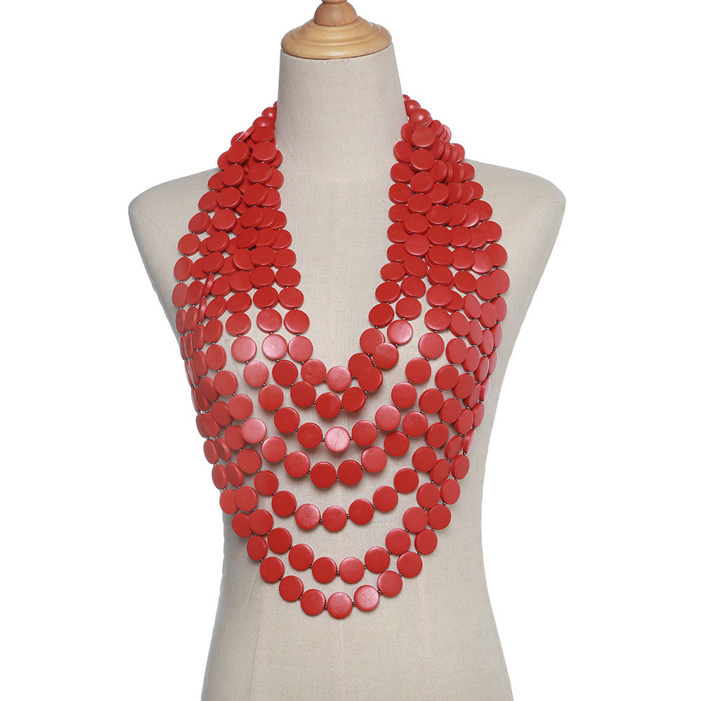 European and American Long Wooden Chip Necklace with Tassel Sweater Chains