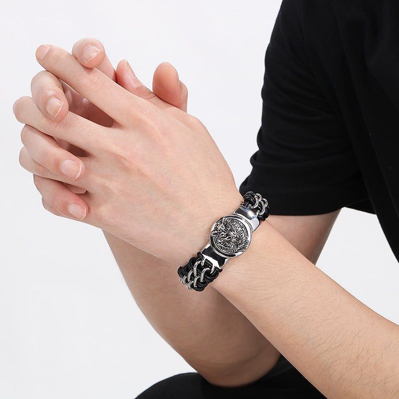 Wolf Head Bracelet – Punk Animal Lion Head Magnet Buckle Titanium Steel Woven Leather