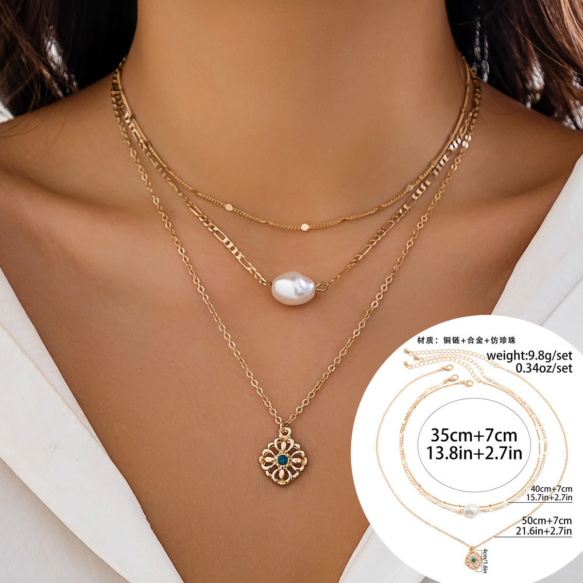 European and American Cross-border Classic Rhinestone Pendant Necklace with Imitation Pearls and Tassels