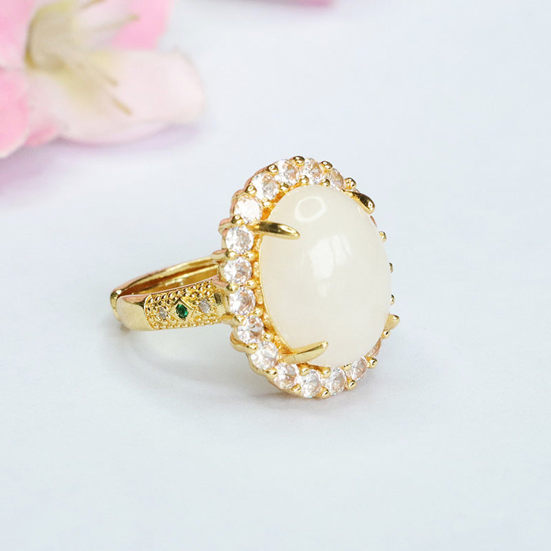 White Hetian Jade Zircon Halo Ring