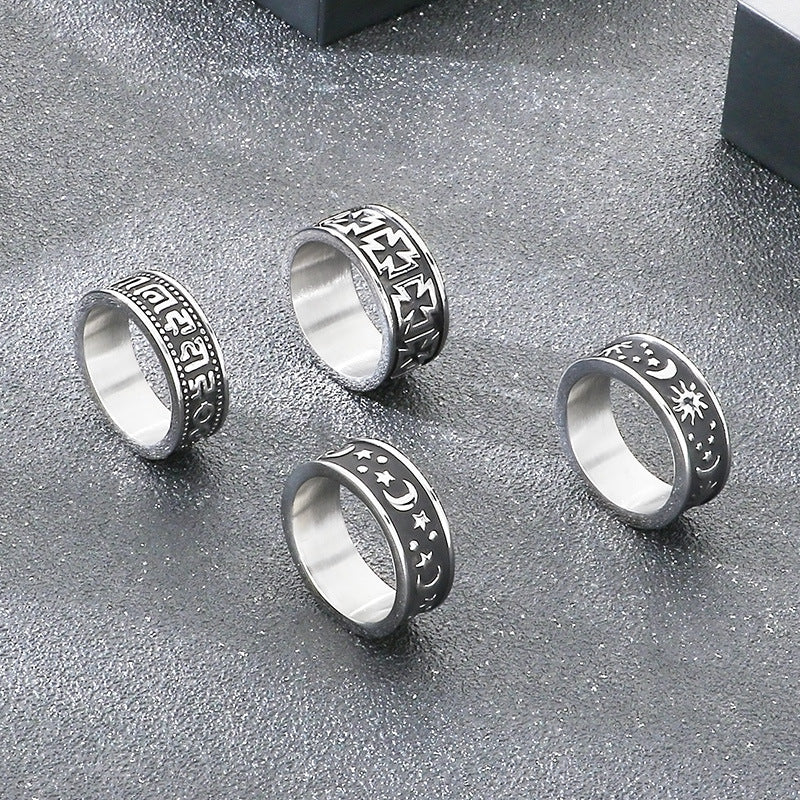 Retro Sun And Moon Tonghui Stainless Steel Ring, Punk Cross Star Moon Stainless