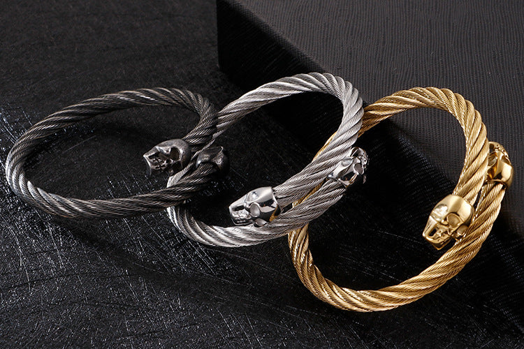 Stainless Steel Braided Wire Wolf Head Open Bracelet Men's Titanium Steel Bracelet