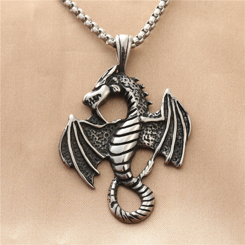 Titanium Steel Dragon Pendant Necklace - Retro Punk Style for Men, Multi-Color Fire-Breathing Design